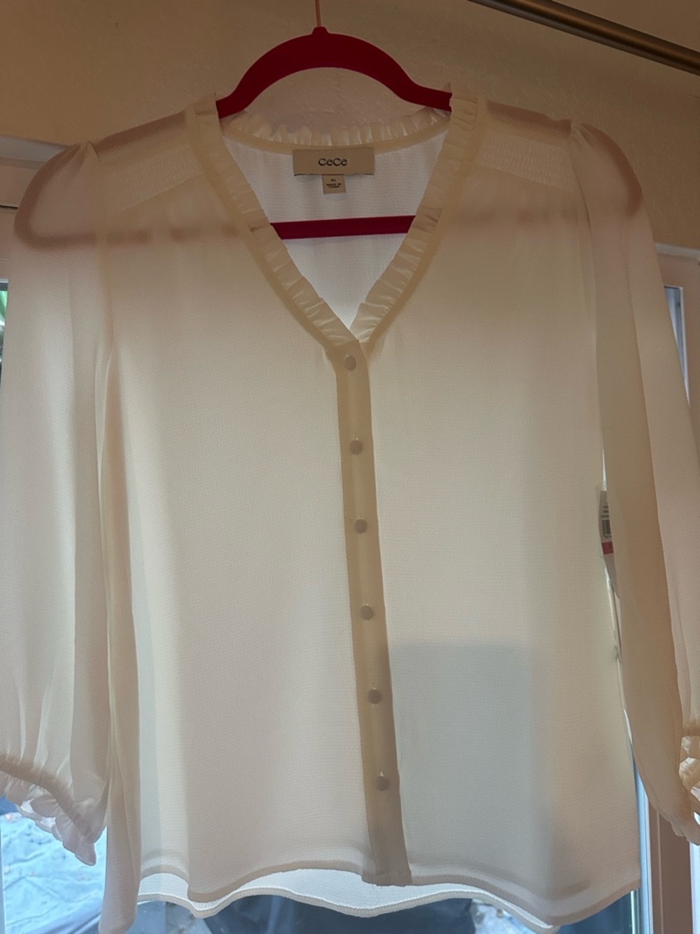 CeCe Ivory Ruffled Neck Blouse, New with Tags